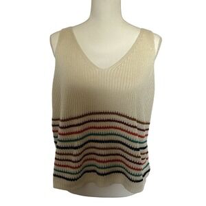 Women's Striped Knit Tank Top V Neck Sleeveless Cream Boho‎ Casual XL